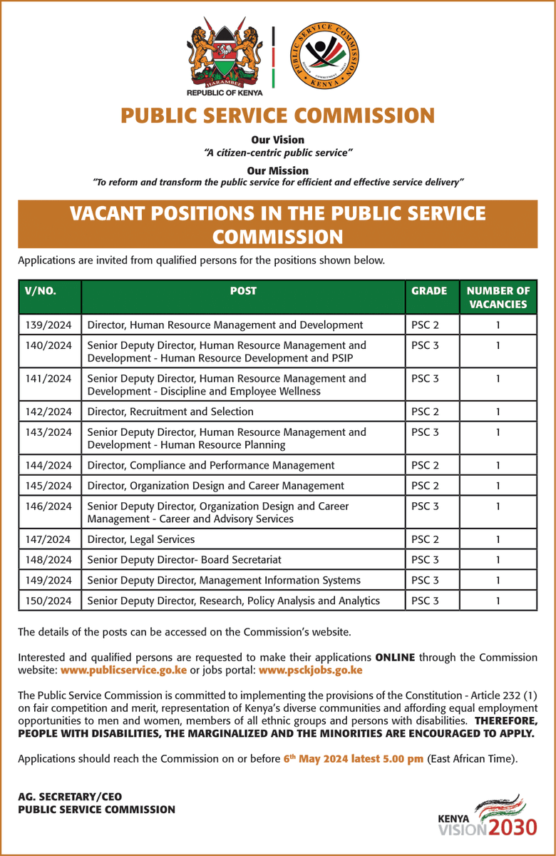 The Public Service Commission (PSC) Job Opportunities, Application and Deadline 