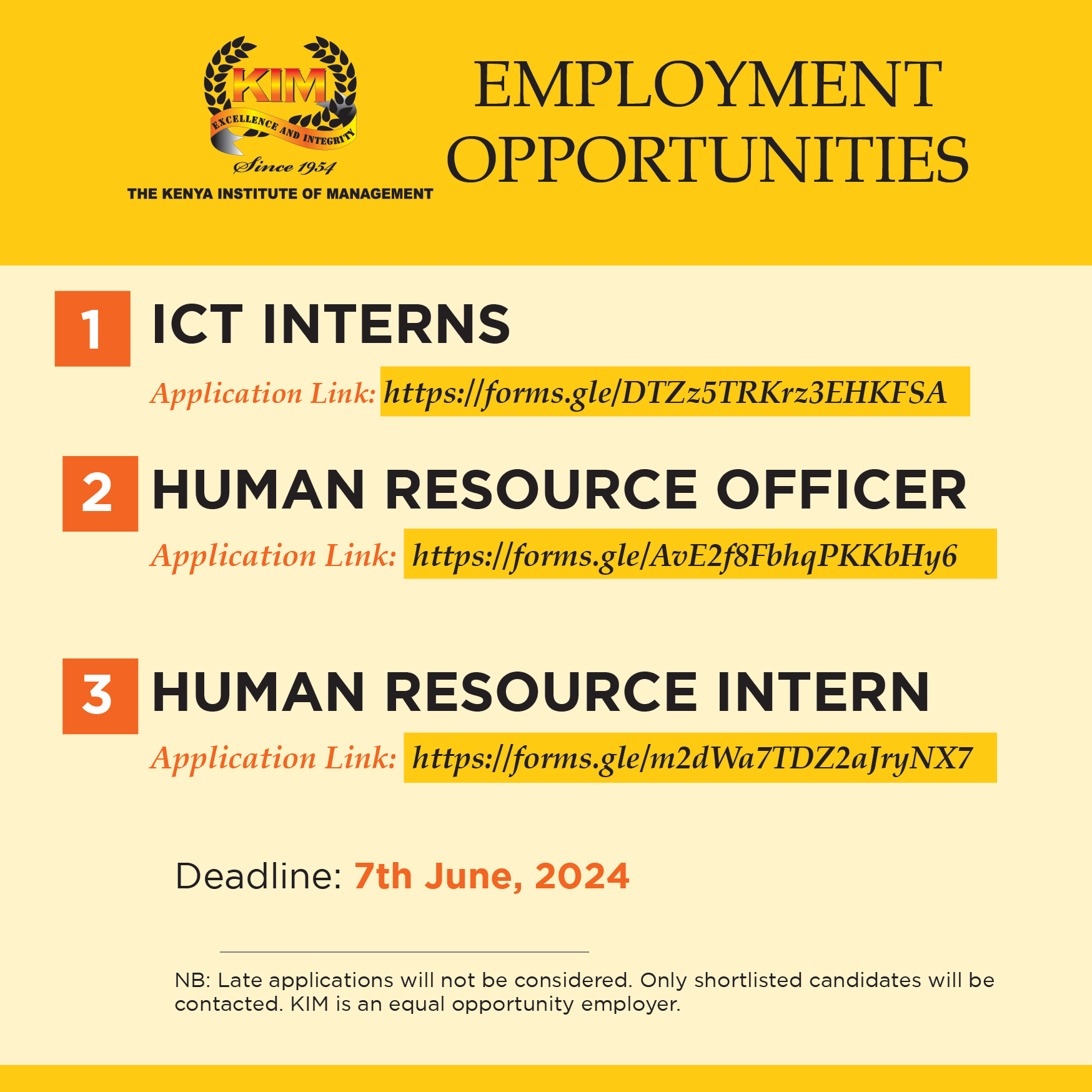 KIM Internship Opportunities, Deadline the 7th June 2024 